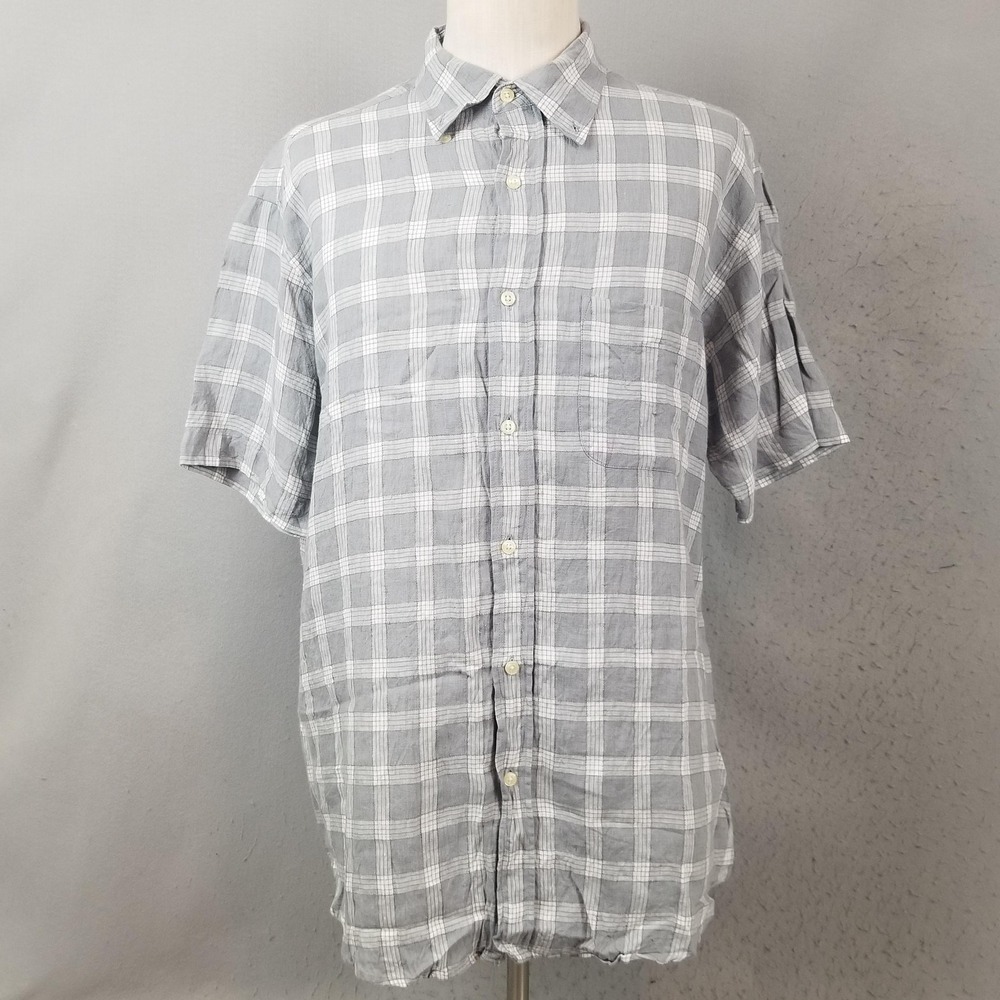 Tasso Elba Shirt Mens XL Gray Plaid 100% Linen Short Sleeve Button Front Casual